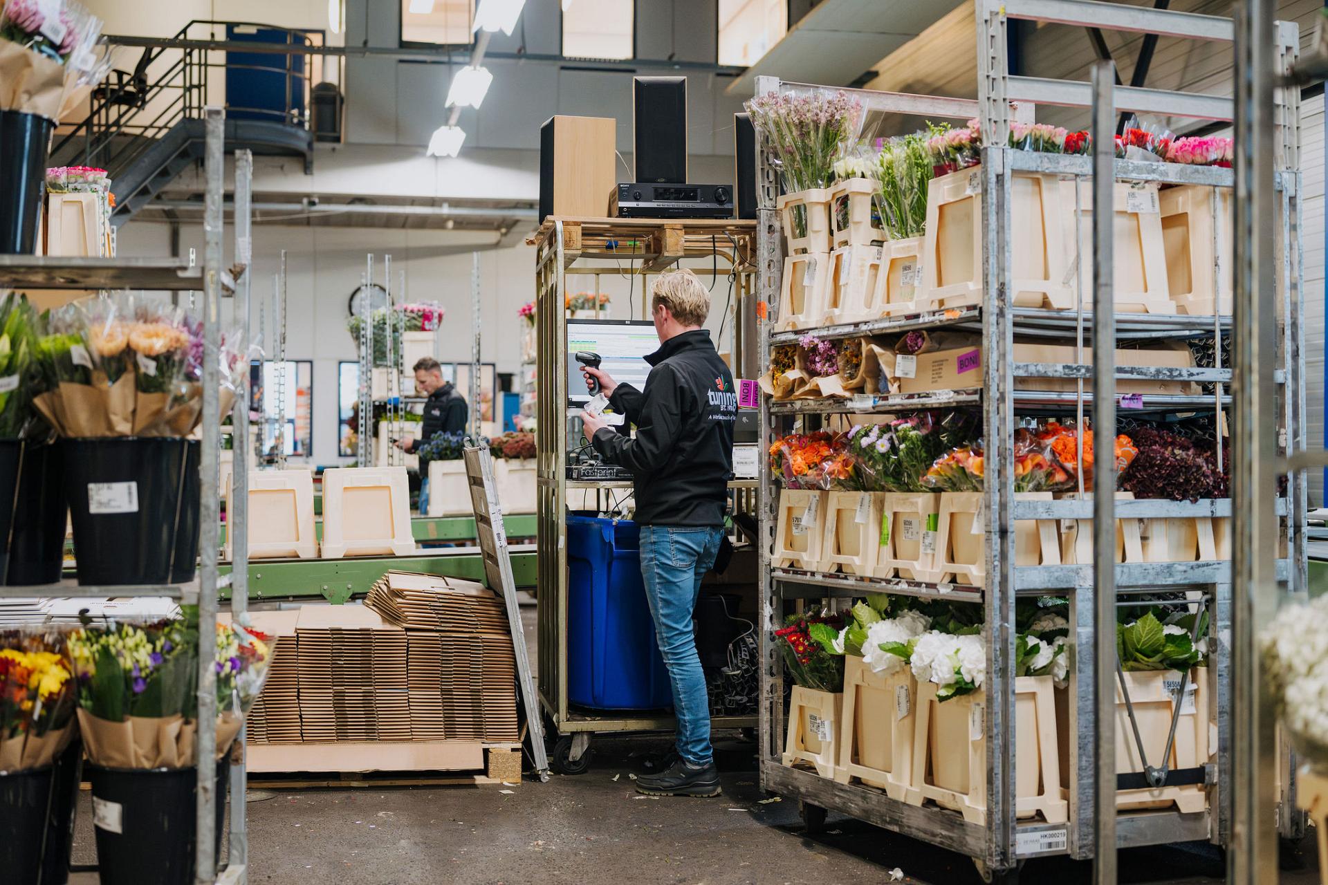 Employee scanning flower crates at a workstation in a flower processing facility, surrounded by racks filled with assorted flowers and packaging materials.