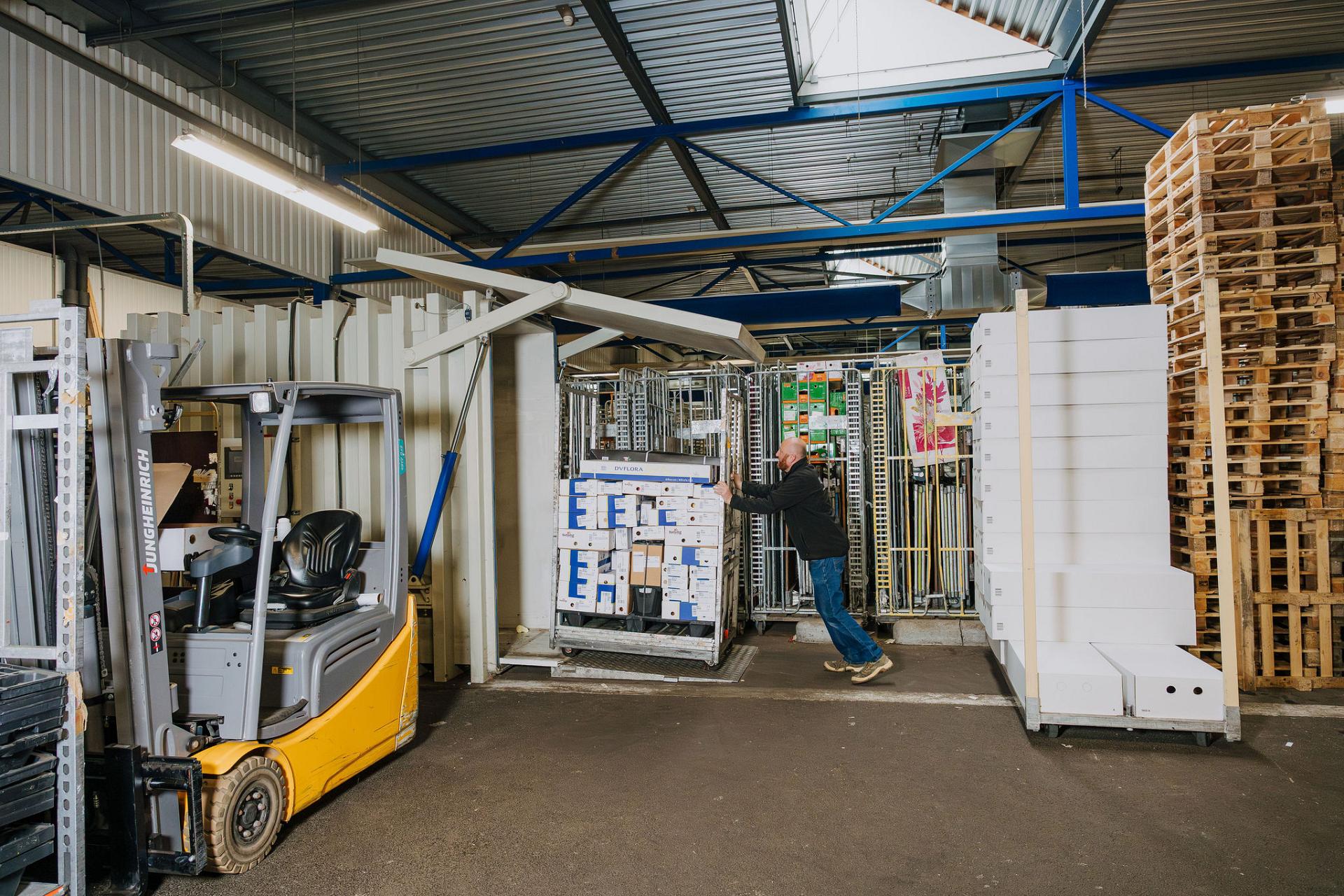 A warehouse worker pushes a loaded flower cart into a cold storage area beside a parked forklift and stacked pallets.